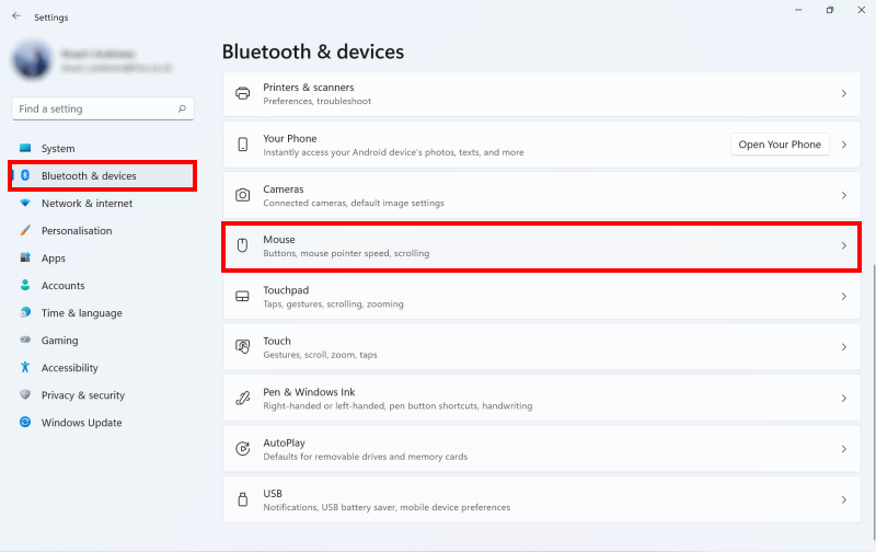 Select Bluetooth & devices on the left then Mouse on the right.